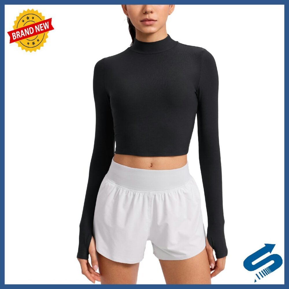 Cloudweight Crop Mock Neck Long Sleeve Top with Thumb Holes